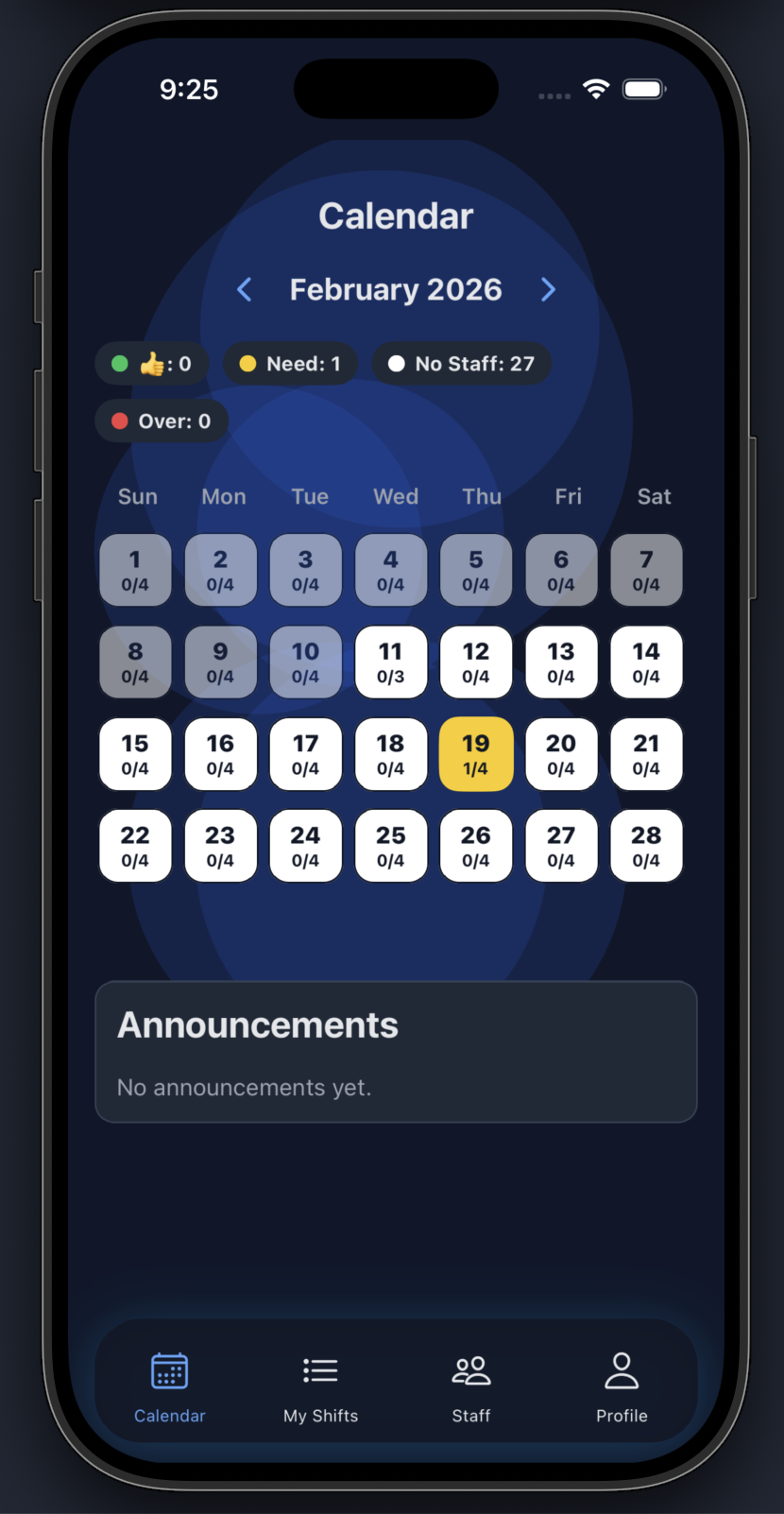 Calendar screen in dark mode