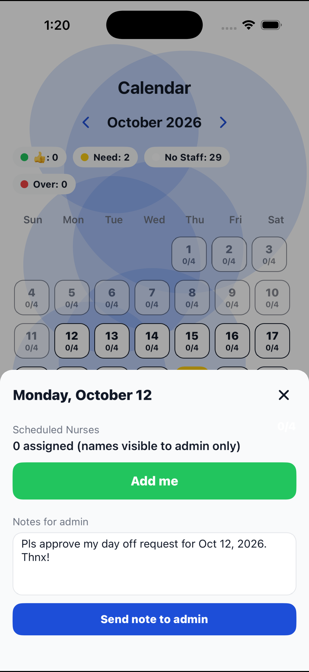 Nurse adding a shift and a note for admin