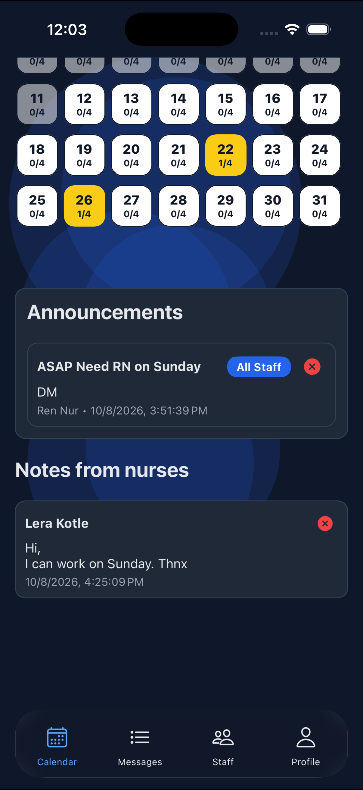 Announcements and notes from nurses in dark mode