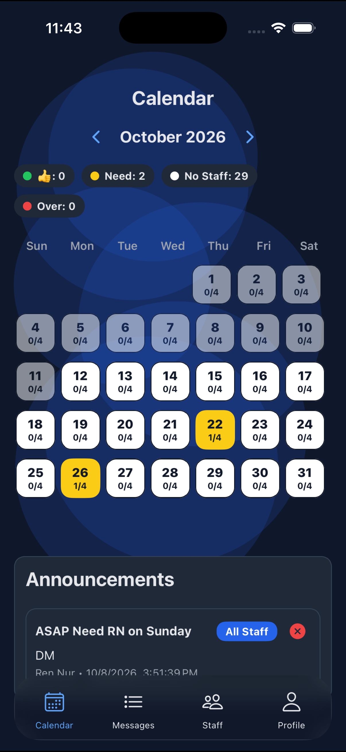 Calendar and announcements in dark mode