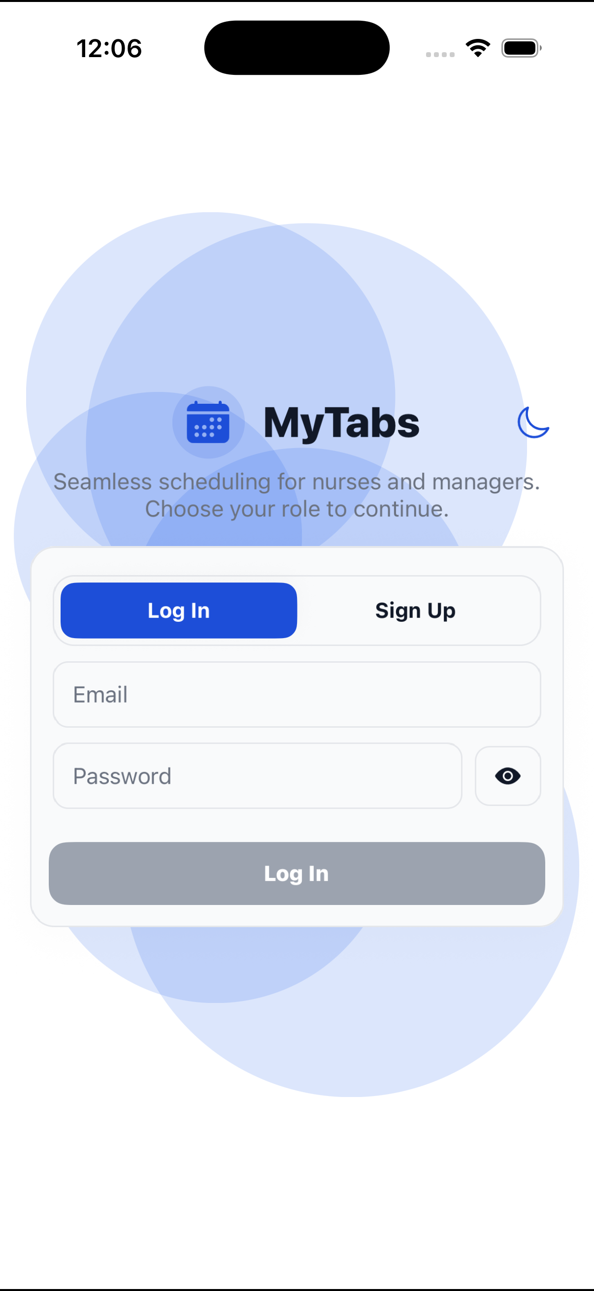 Log in screen