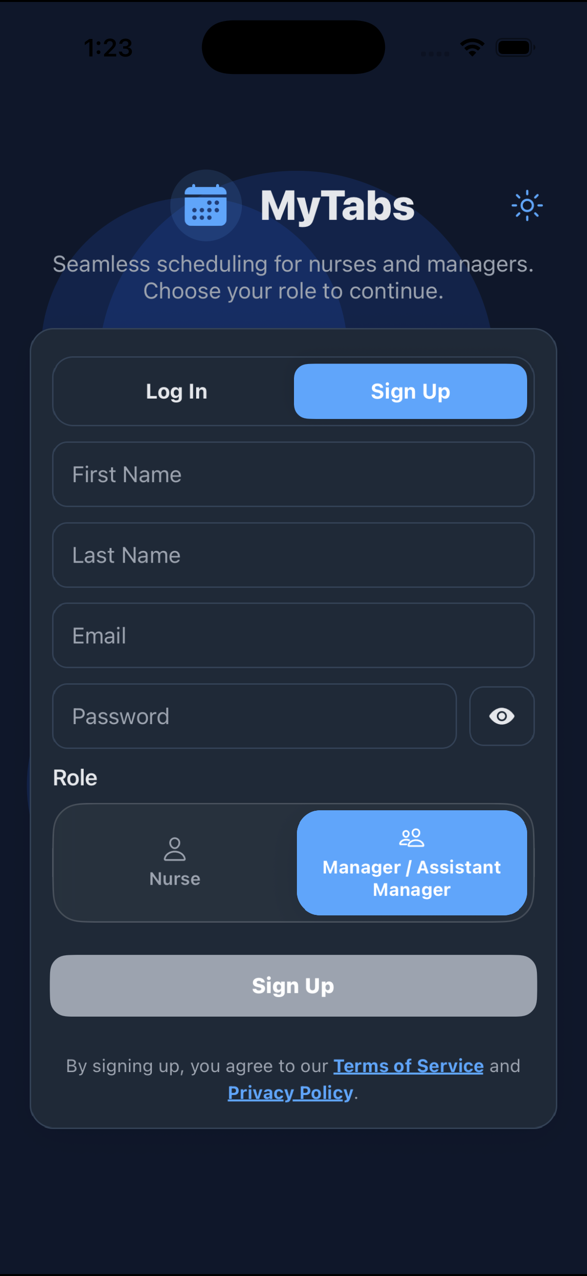 Sign up screen with Nurse and Manager roles