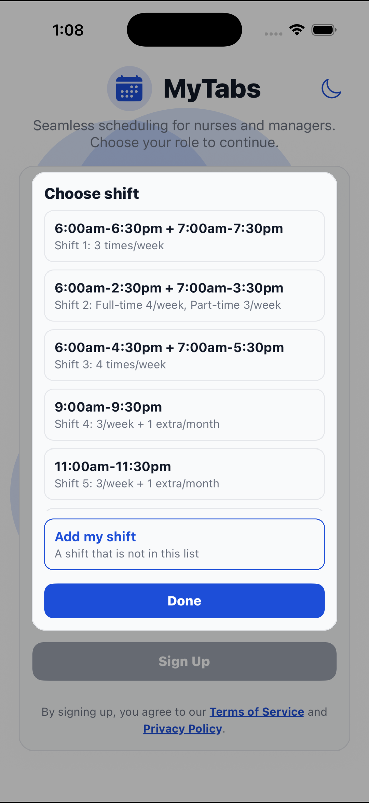 Choose a shift while signing up