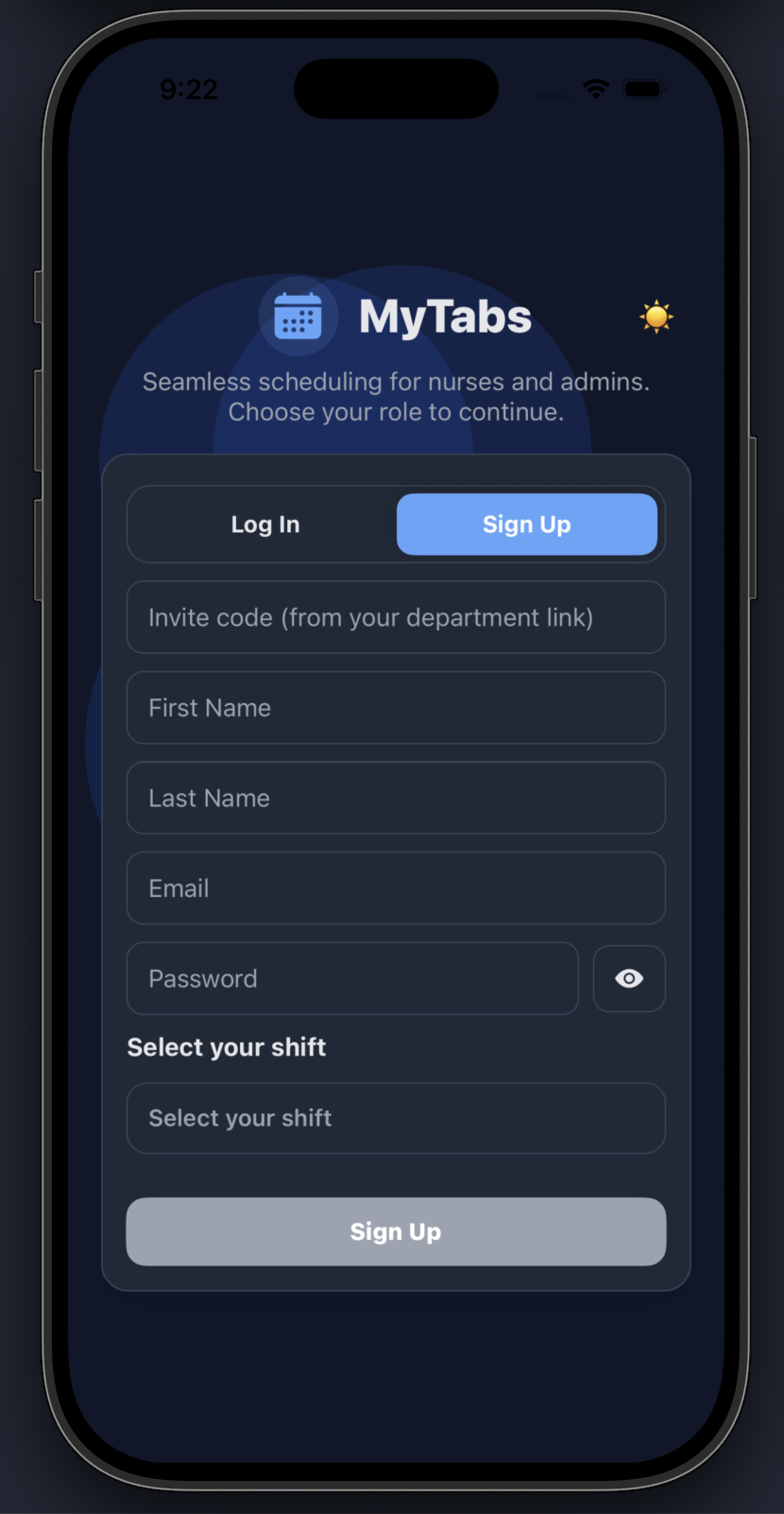 Sign up screen in dark mode