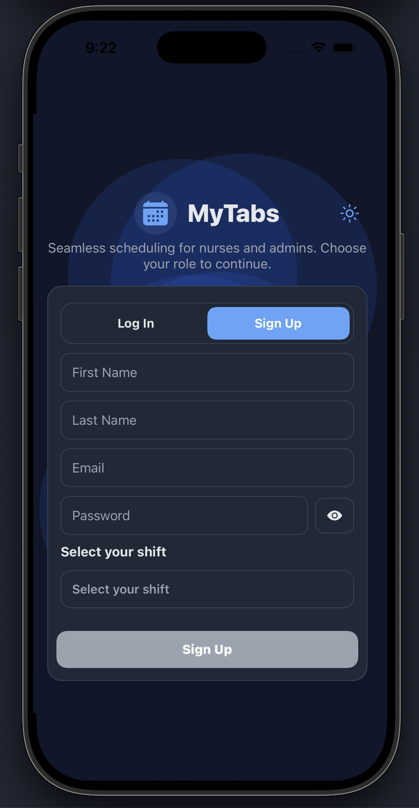 Sign up screen in dark mode